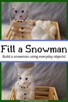 a snowman in a glass bottle with cotton balls inside it and the words fill a snowman below