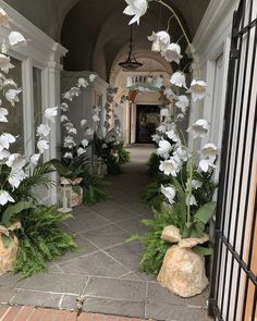 an entrance to a building with white flowers and greenery on either side of it