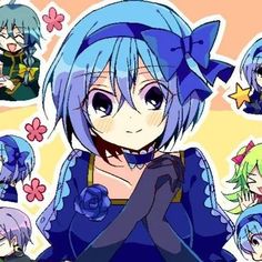 an anime character with blue hair and many different expressions