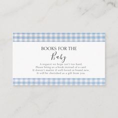 a blue and white checkered business card with the words books for the baby on it