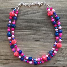 "💞One of a kind & ready to ship💞 A great statement piece! Two of layers of SERIOUSLY gorgeous beads, hand dyed with blue and pink tones. This also features glass crystals, acrylic marble beads, and blue & pink glitter mirror balls. 16\" long with a 4\" extender chain. Need MORE necklaces? Send me a message :) *Smoke and pet free home!* I ship 6 days a week! Thank you for browsing my store! Like this style but prefer another color? Check out our other BIG BEAD necklaces: https://www.ets Adjustable Bib Necklace With Large Beads For Party, Adjustable Large Beads Bib Necklace For Party, Adjustable Bib Necklaces With Large Beads For Party, Cute Blue Necklace For Birthday, Playful Party Necklaces With Colorful Beads, Playful Adjustable Party Necklaces, Adjustable Playful Necklace For Parties, Playful Blue Adjustable Beaded Necklace, Playful Adjustable Necklaces For Parties