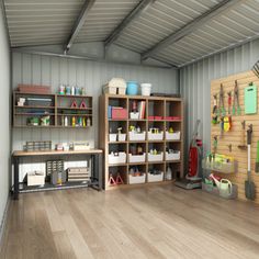 a room filled with lots of different types of tools on shelves next to each other