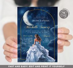 "Q35 Gold Navy Blue A Night Under the Stars Quinceanera Invitation 1 Fast and Easy! Edit your own invitation using Corjl.com.  No software download needed! ---- | COORDINATING ITEMS | ---- (buy separately): https://www.etsy.com/shop/behappyprintable?search_query=Q35 ---- | CUSTOM MATCHING ITEMS | ---- (buy separately): https://www.etsy.com/listing/718408080/ ---- | TRY BEFORE YOU BUY! | ---- Copy and paste this link to your browser to try the demo first BEFORE you purchase: https://www.corjl.com/d/6G82LE * You can even customize the file from your mobile phone (iOS or Android device)! * This is DIGITAL FILE only, no physical items will be printed or mailed to you.  * This listing is a SELF-EDITABLE Template using Corjl.com If you need us to change the text for you please purchase this addi Royal Blue Sweet 15 Decorations, Night Under The Stars Quinceanera, Under The Stars Quinceanera Theme, Elegant Blue Dress, Quinceanera Theme, Invitations Quinceanera, A Night Under The Stars, Blue Princess Dress, Blue Quinceanera