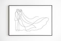 a black and white drawing of a bride and groom