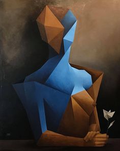 an abstract painting of a person holding a paper crane in his hand and looking at the viewer