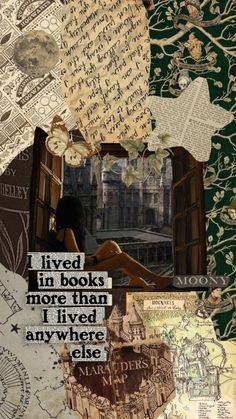 a collage of books with words and pictures on the pages, including an open window