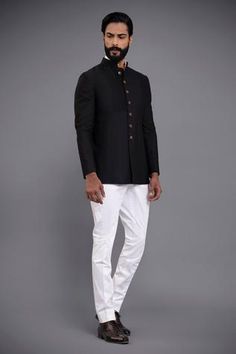 Black silk bandhgala with pintuck panels and mandarin collared neckline. - Aza Fashions Bandhgala For Men, Raghavendra Rathore, Black Plain, Jodhpur, Full Sleeves, Shirt And Pants, Pin Tucks, Mandarin Collar, Black Silk