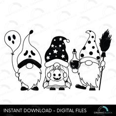 three halloween gnomes with balloons and stars on their heads, in black and white