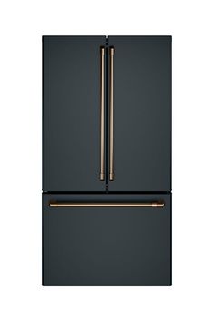 a black refrigerator freezer with gold handles and two copper bars on the bottom drawer