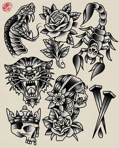 an old school tattoo design with skulls and roses