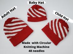 three knitted baby hats are shown with instructions for knitting them