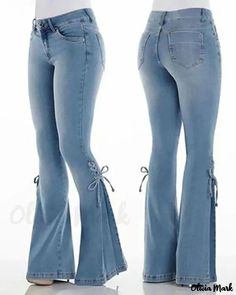 Olivia Mark - Lace-up bootcut denim pants with button pocket Elastic Jeans, Decoration Vintage, High Waist Fashion, Stretchy Jeans, Boot Cut Denim, Style Streetwear, Bell Bottom, Denim Flares, Denim Trousers