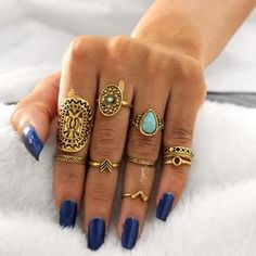 10pcs Vintage Big Stone Midi Ring Set For Women Boho Antique (Gold, Silver) Heart Flower Knuckle Rings Boho Jewelry-Accessories-Gold-color- Boho Chic - Free Spirit -The Poetic Soul Rings Boho, Horn Pendant Necklace, Midi Ring Set, Coin Pendant Necklace, Heart Flower, Moon Pendant Necklace, Midi Ring, Onyx Necklace, Swarovski Necklace