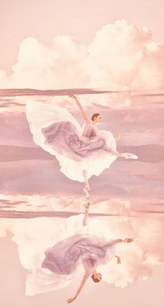 a woman in a white dress is dancing on the water with clouds and sky behind her