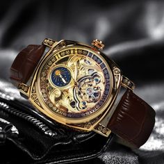 Just found this amazing item on AliExpress. Check it out! $71.31 | Retro Square Carved Mechanical Watches Moon Phase Tourbillon  Gold Automatic Watch for Men Casual Genuine Leather Belt AOKULASIC Genuine Leather Belt, Watch Design, Brown Gold