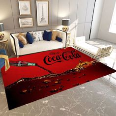 a living room with a coca cola rug on the floor