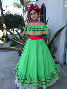 1 Mexican Dress TWO PIECE GREEN one size fit most TEEN AND WOMANS SIZES Two piece mexican dress 1 Mexican Dress one size fit most TEEN AND WOMANS SIZES 24 x 24 inches arm pit to arm pit 23 inches long Blouse 35 Inches long Skirt Belt not included Rebozo not included Measurements 90CM Traditional Mexican Dress Jalisco, Fitted Green Hippie Dresses, Green Cotton Peasant Dress, Traditional Green Dresses With Ruffles, Green Hippie Dress With Short Sleeves, Green Summer Dress For Fiesta, Green Short Sleeve Dress For Festivals, Spring Fiesta Green Dress, Green Spring Fiesta Dress