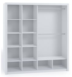 an empty white bookcase with shelves on each side