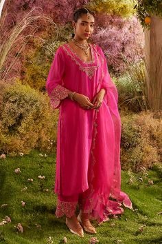 Hot pink bell sleeves A-line kurta with mor bloom embroidery using dabka, zari, pearls, sequins highlights. Paired with a palazzo and cut work border embellished dupatta. - Aza Fashions Dabka Embroidery, Bloom Embroidery, Kurta Palazzo Set, A Line Kurta, Palazzo Set, Silk Organza, Hair Accessories Jewelry, Cut Work, Pink Silk