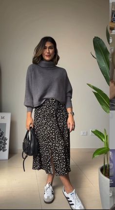 Sweaters And Sneakers Outfit, Skirt And Adidas Outfit, Autumn Casual Chic Outfit, Long Skirt And Jumper Outfit, Work Dress With Sneakers, Doc Martin Skirt Outfit, Tshirt Dress Fall Outfit, Patterned Maxi Skirt Outfit, Leopard Pleated Skirt Outfit