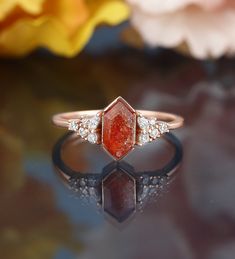 Long hexagon cut sunstone ring, marquise cut moissanite rose gold ring, vintage diamond cluster engagement ring, promise anniversary ring ◆ Center Stone Stone: 5*9mm long hexagon cut sunstone ◆ Side Stone Stone: 1.5*3mm*2 marquise cut, 1.8mm*2, 1.5mm*4, 1.2mm*2 round cut natural diamond / moissanite ◆ Dimension Band width: 1.4mm Band thickness: 1.2mm ◆ Ring Size Ring Size: Available in sizes 3 US to 9 US. However, if you need a smaller or larger size, please feel free to contact me. ◆ Gold Color