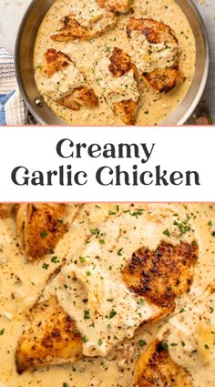 creamy garlic chicken in a skillet with white sauce