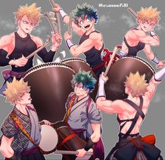 four anime characters with different poses and hair styles, one holding two drums while the other holds