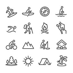 the icons for camping and water sports are shown in this set, which includes symbols such as