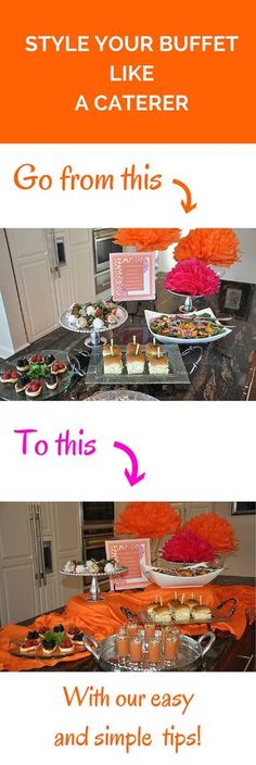 the table is set up with orange and pink decorations, including an assortment of desserts