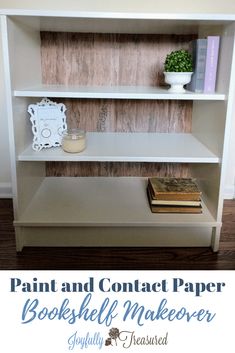 a white book shelf with books on top and the words paint and contact paper above it