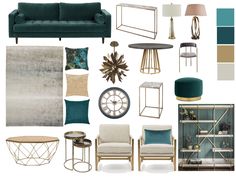 a living room filled with lots of furniture and decorating items in shades of teal