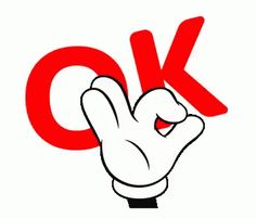 the ok hand sign is red and white with black lettering on it's left side