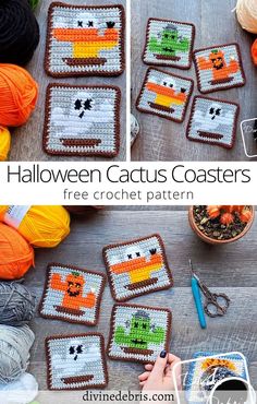 crocheted halloween coasters with pumpkins and ghost faces