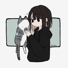 a girl holding a cat in her arms and looking at the screen with one eye open