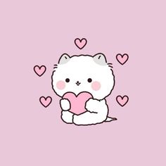 a white cat holding a pink heart on a pink background