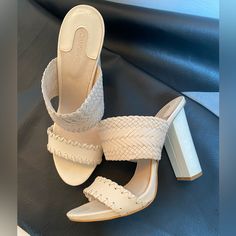 New. Bone White Leather With Woven Pattern Wide Straps. 4” Heels. New Without Box. Summer Leather Block Heel Shoes, Cream High Heels For Vacation, Summer Cream Synthetic Heels, Cream High Heel Shoes For Day Out, Summer Leather Heels For Day Out, Leather Jewels, Brown Leather Wedges, Strappy Leather Sandals, Leather Heels Sandals