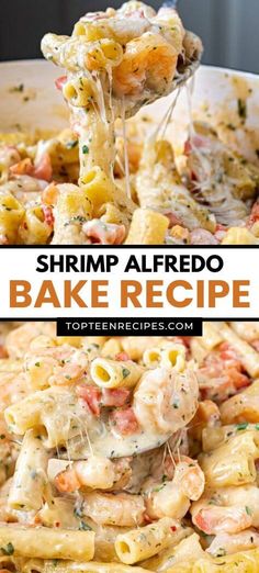 shrimp alfredo bake recipe in a white bowl