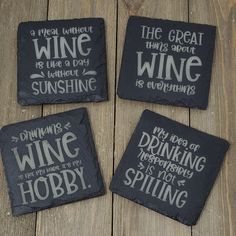 four slate coasters with wine sayings on them