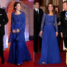 two pictures of the same woman in blue dress and man in black tuxedo