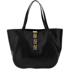 Versace Black Tote Bag Fall/Winter 2023 Versace Leather, Versace Bag, Large Leather Tote Bag, Large Leather Tote, Metal Plaque, Big Bags, Winter 2023, Black Tote, Black Tote Bag