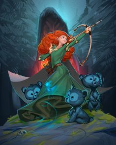 a woman with red hair is holding a bow and two bears in front of her