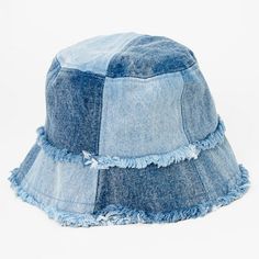 Denim never goes out of style! This groovy bucket hat features a patchwork design of different shades of blue denim, accented with fringe-like raw edges. You'll look so stylish as you create some shade on your head during hot weather. One size Inner circumference: 22.25 in./57cm Material: Cotton - Claire's Blue Denim Patchwork Bucket Hat Gender: female.  Age Group: adult. Bucket Hat Inspo, Jean Bucket Hat, Different Hat Styles, Purple Bucket Hat, Cute Bucket Hats, Patchwork Bucket Hat, Pola Topi, Bucket Hat Outfit, Blue Bucket Hat