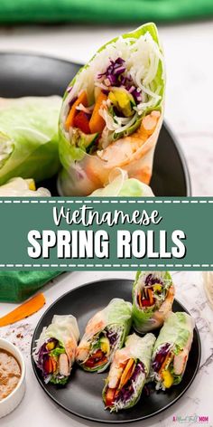 vietnamese spring rolls on a plate with dipping sauce