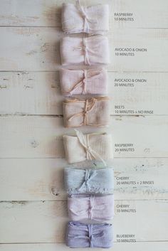 four different colors of cloth tied together on a white wooden background with text describing the five types of fabric