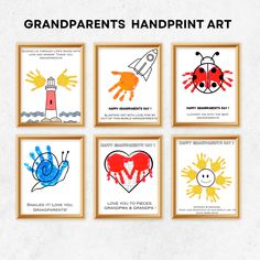 four framed pictures with handprints on them and the words grandparents's handprint art