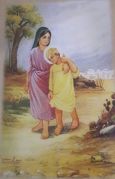 a painting of two children standing next to each other in front of a tree and sky