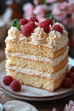 a piece of cake with white frosting and raspberries