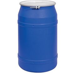 a blue plastic barrel with a white lid