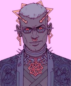 a drawing of a man with glasses and an evil look on his face, in front of a pink background