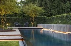 an outdoor swimming pool surrounded by greenery and lights on the side of the pool